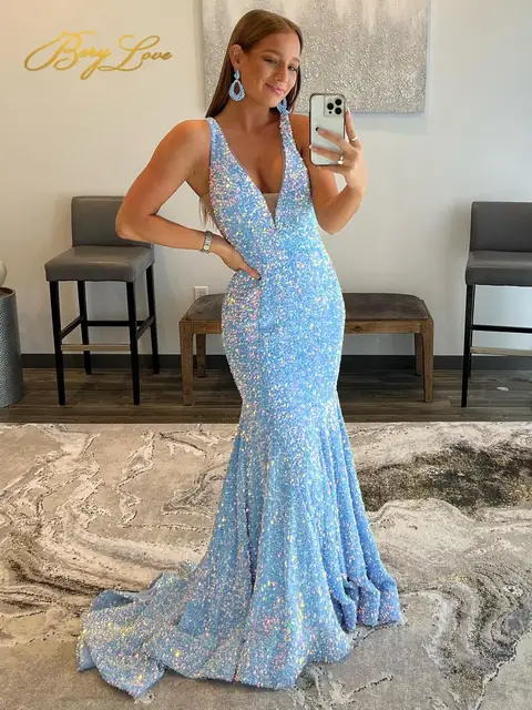 Neck Sequin Split Sexy Prom Dress 