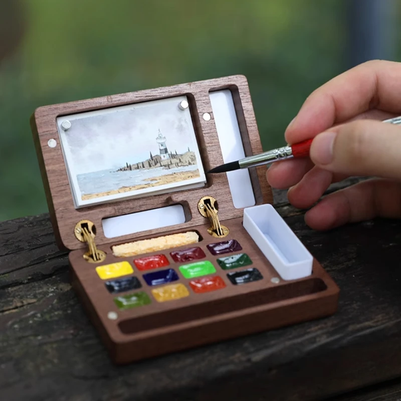 12Color Solid Watercolor Paint Portable Mini Walnut Magnetic Paint Box Travel Painting Sketching Watercolor Palette Art Supplies