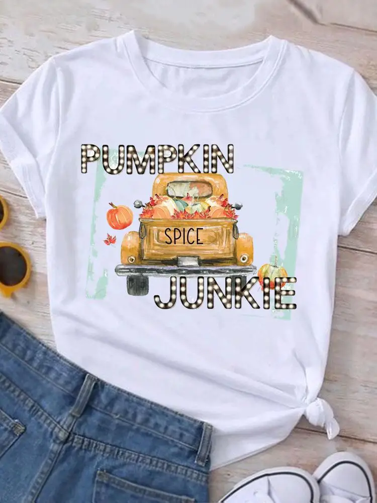 

Halloween Pumpkin Truck Cute Thanksgiving Fall Autumn Print T-shirt Top Casual Graphic T Shirt Clothing Female Women Fashion Tee