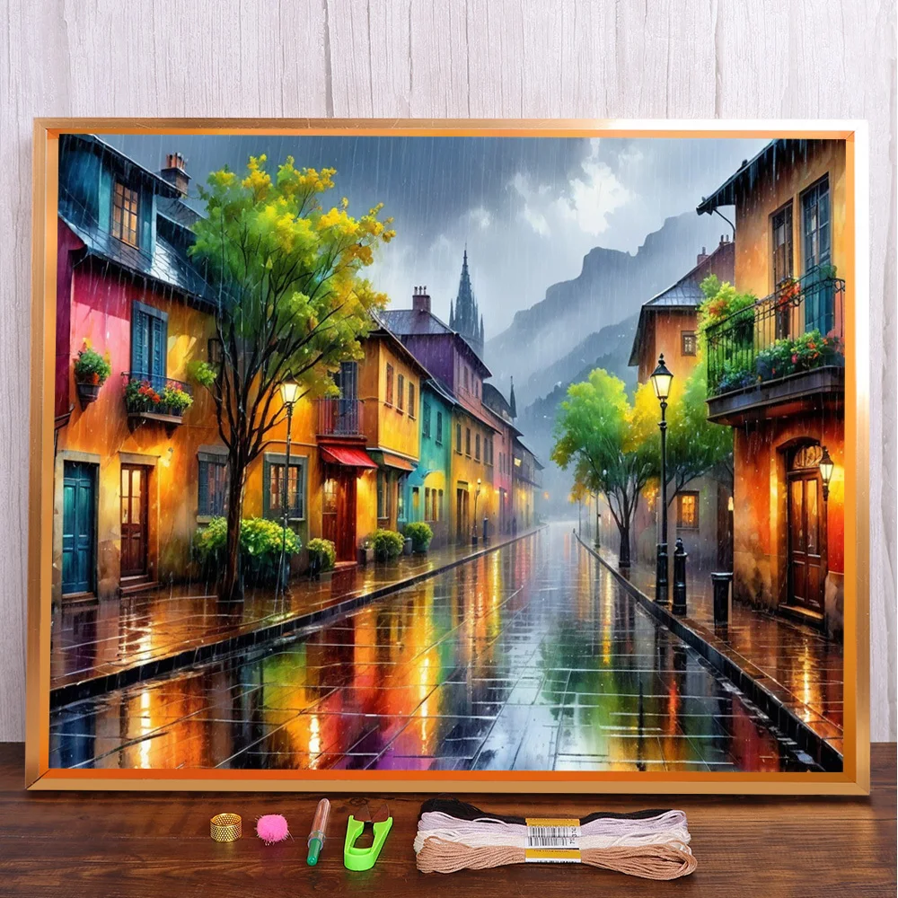 Landschaft Rainy Street Bedruckter Stoff 11CT Kreuzstichset DIY Stickerei Handarbeit Handwerk Nähen Malerei Großhandel Nadel gezählt