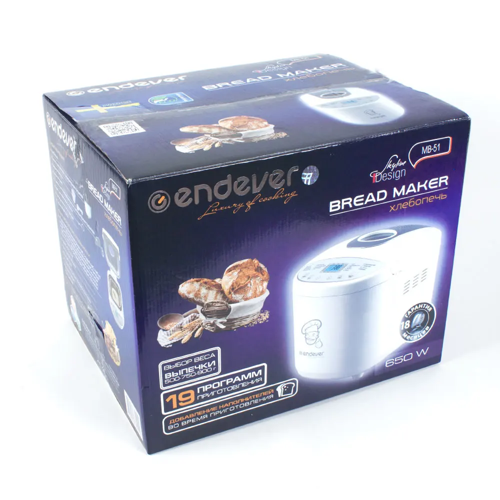 Хлебопечь Endever Skyline MB-51 (Мощность 650 Вт, вес выпечки до 900 г, 19 программ, автоподогрев, таймер)