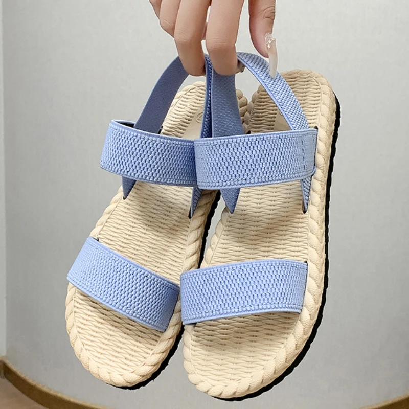 

Women's Fashion Candy Color Knitted Sandals Large Size Design Women's Anti Slip Home Indoor Open Toe Flat Shoes Beach Slippers