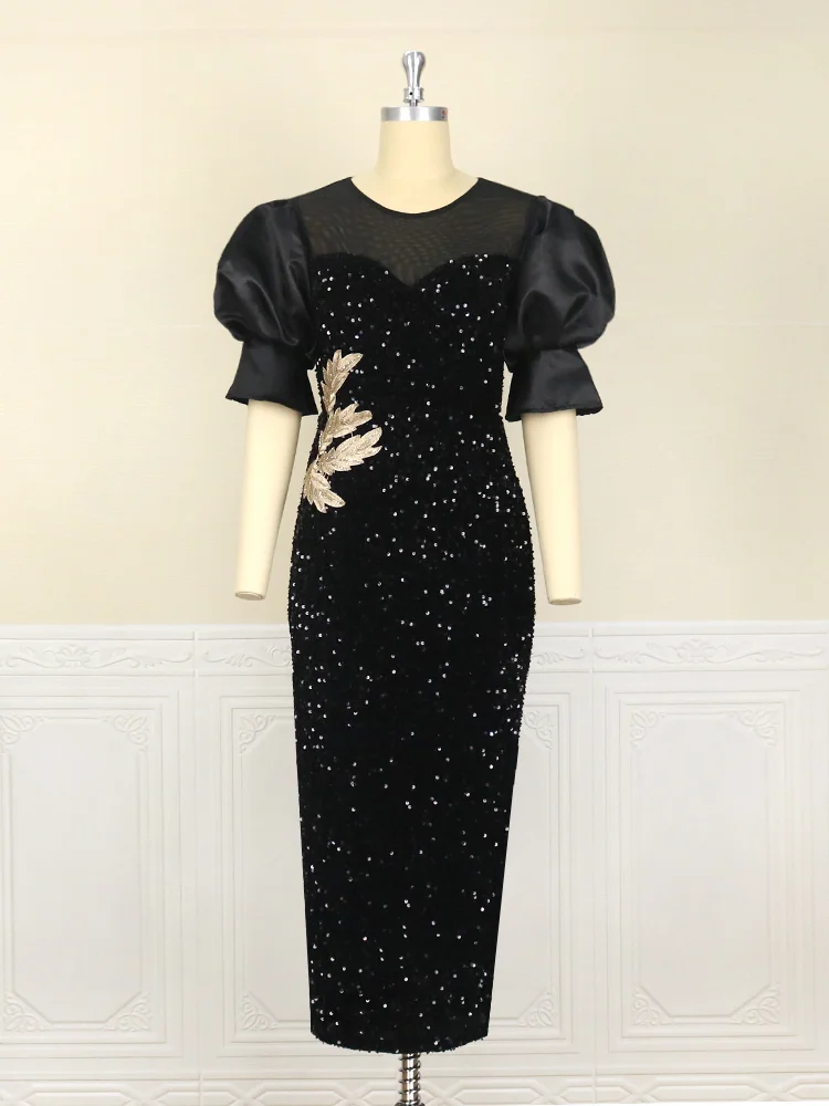 Sequin Black Velvet Embroidery Maxi Dress 2