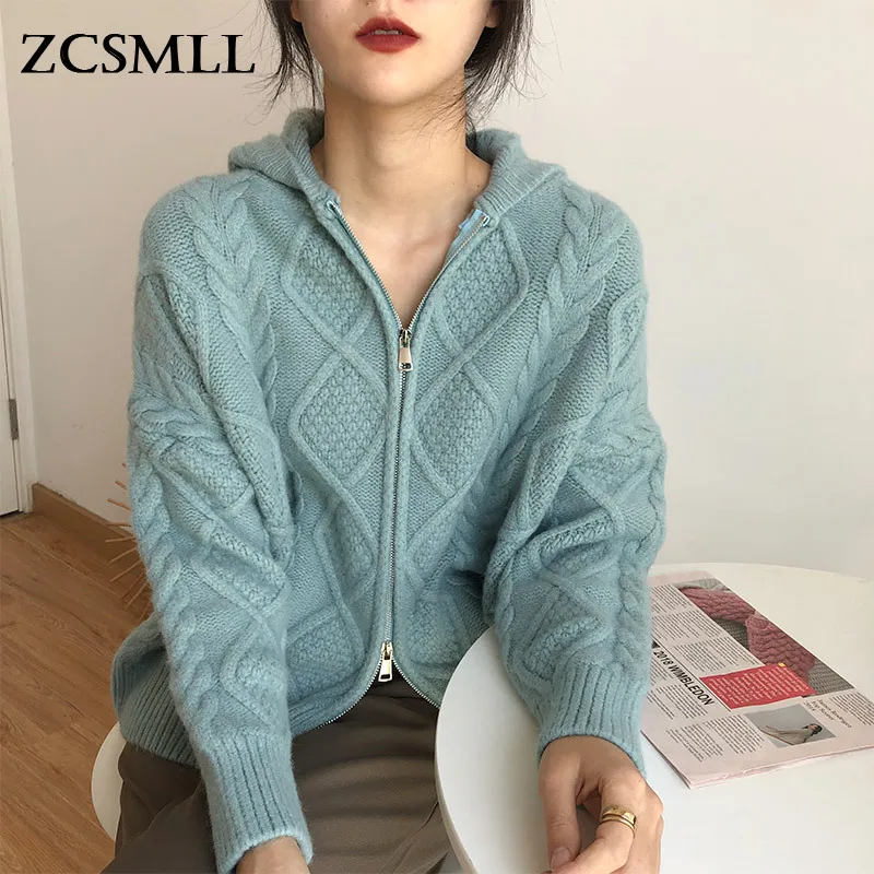

ZCSMLL Zipper Sweater Cardigan Jacket Women Loose Thick Lazy Wind Early Spring Knitted Hooded Jacket for Outer Wear