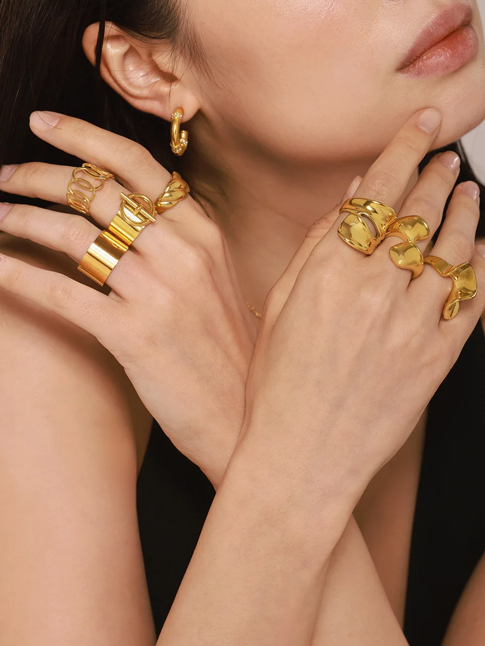 Riesenrad Trendy Unregelmäßiger Vergoldeter Ring für Frauen Edelstahl Offener Ring Weiblicher Wasserdichter Schmuck – Detail 15