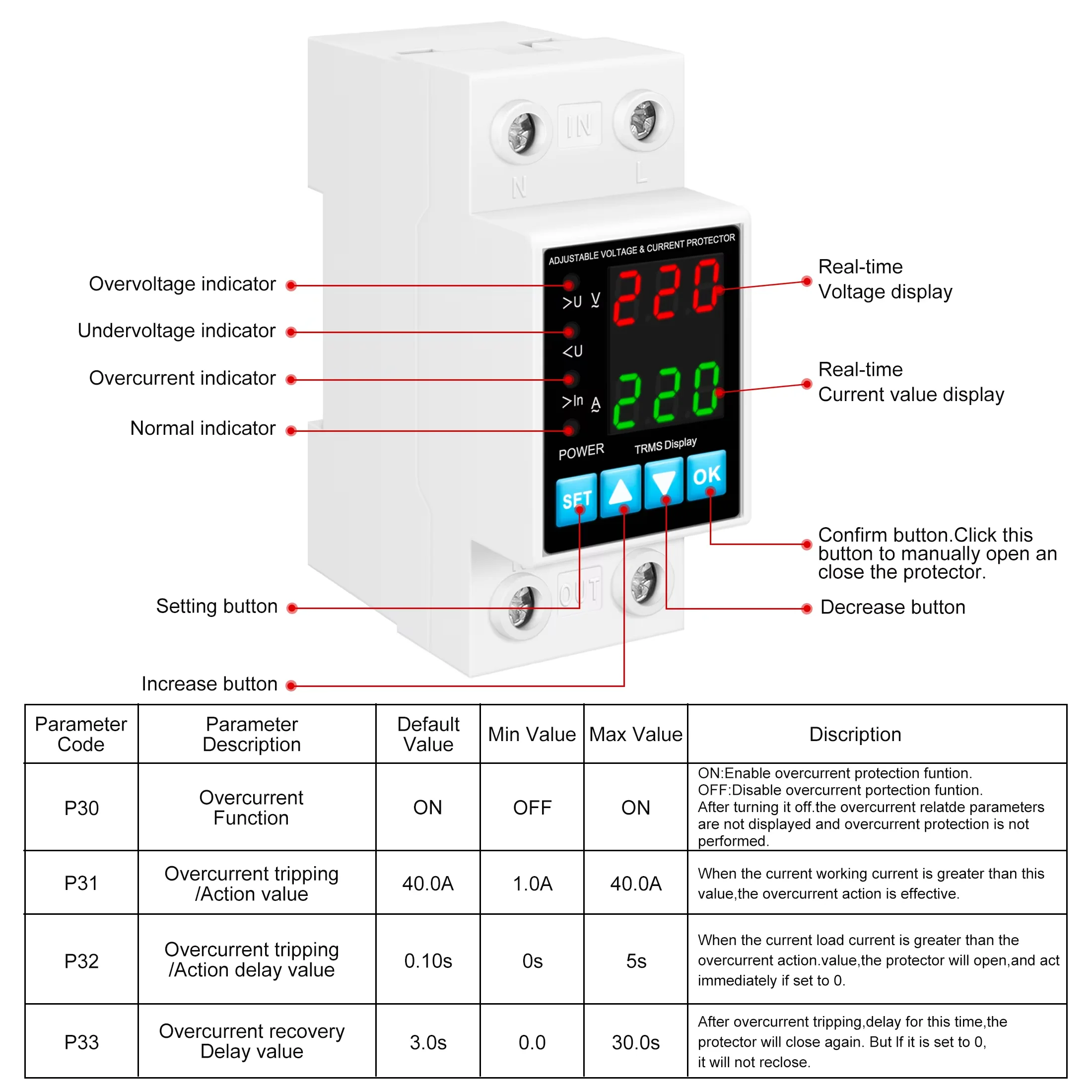 Din Rail Adjustable Over Voltage Under Voltage Protective Device 40A 63A 230V Relay Over Current Protection
