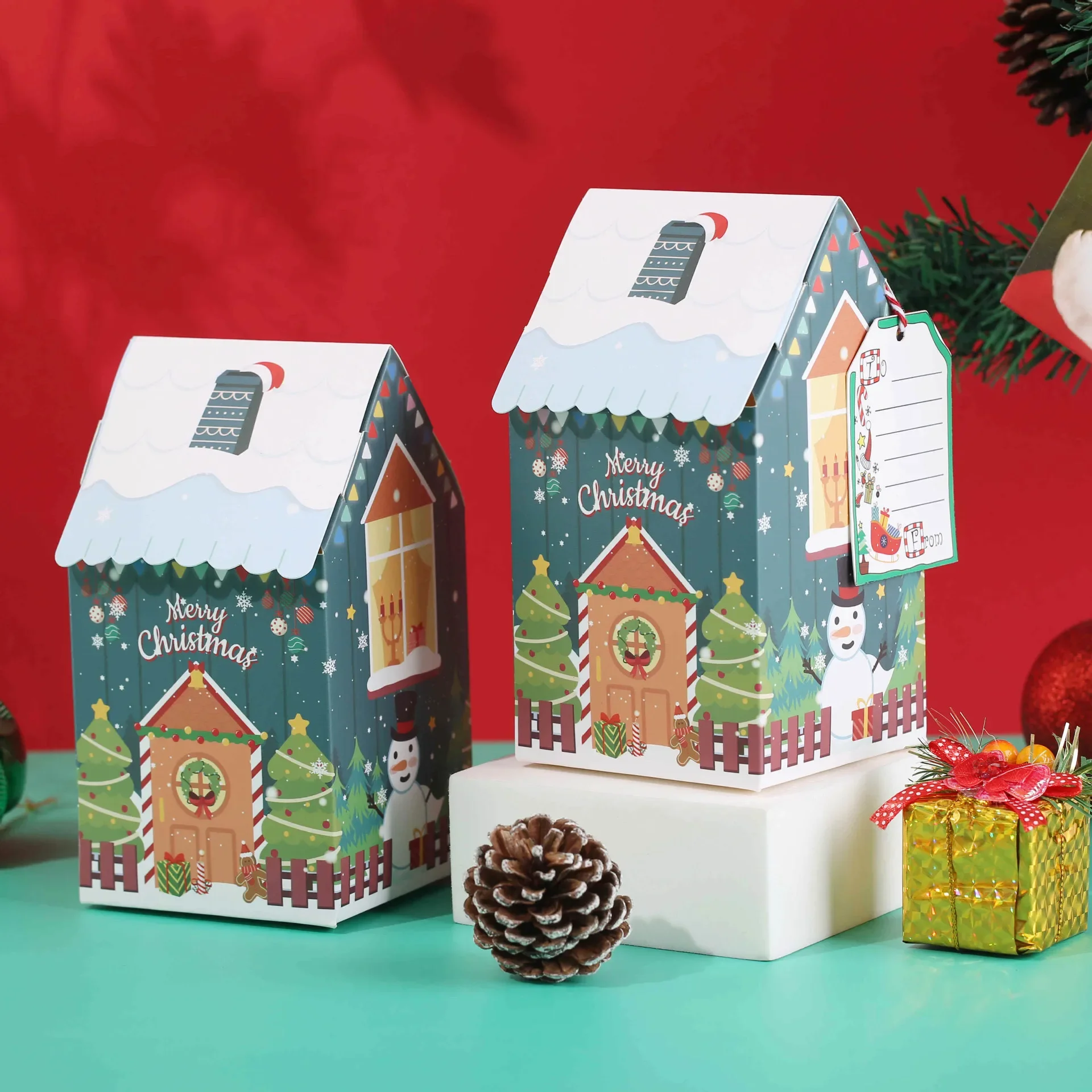 Weihnachts haus Form Süßigkeiten Geschenk box Weihnachten Schneemann kleines Haus Süßigkeiten Kekse Verpackung Tasche Bogen Boxen Geschenk Farbbox – Detail 5