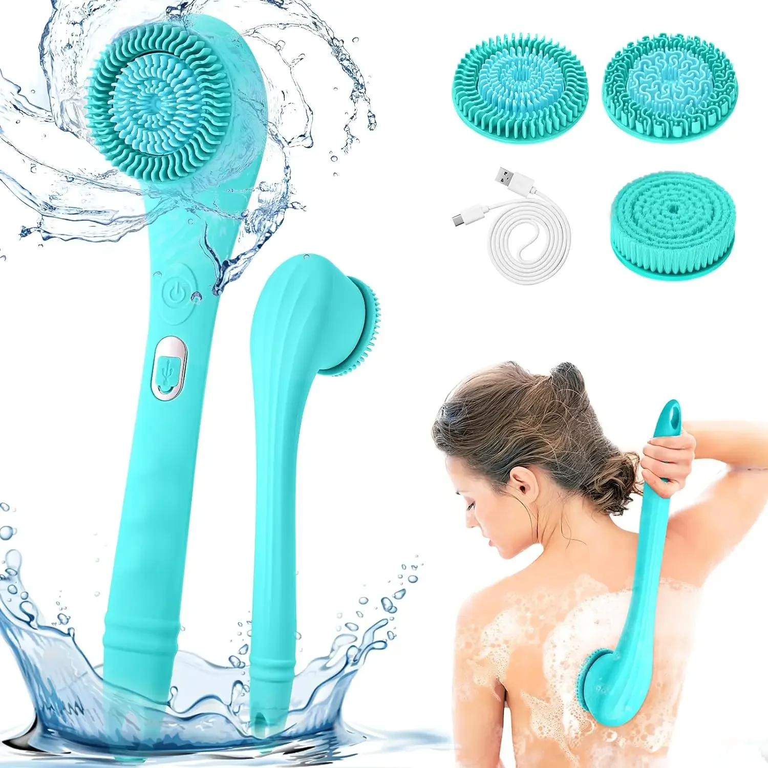 Electric Shower Brush Set for Whole Body Cleaning Back Scrubber 3 Cleaning Heads 2 Speeds Bathing Brush Massage Exfoliator