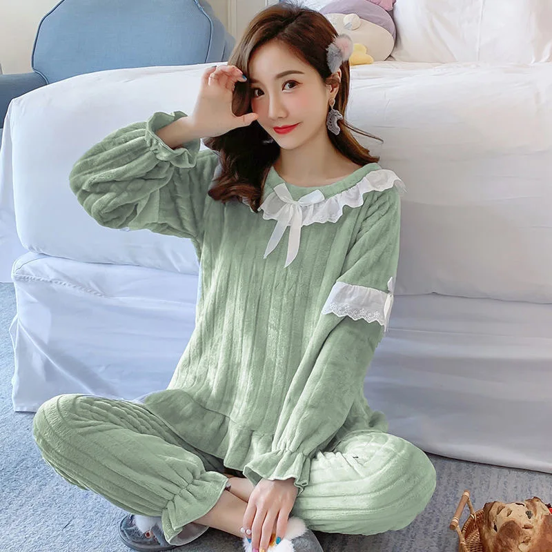 Square Collar Women Pajamas Set Winter Sleepwear Fleece Velvet 2 Piece Pant Home Suit Fluffy Korean Solid Piiama Warm Night Wear