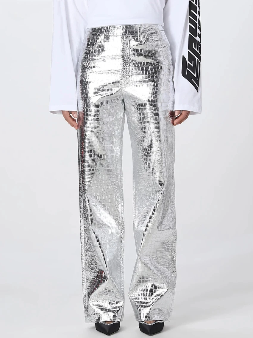 

CamKemsey Autumn Winter Silver PU Leather Pants For Women Casual High Waist Faux Leather Loose Straight Trousers