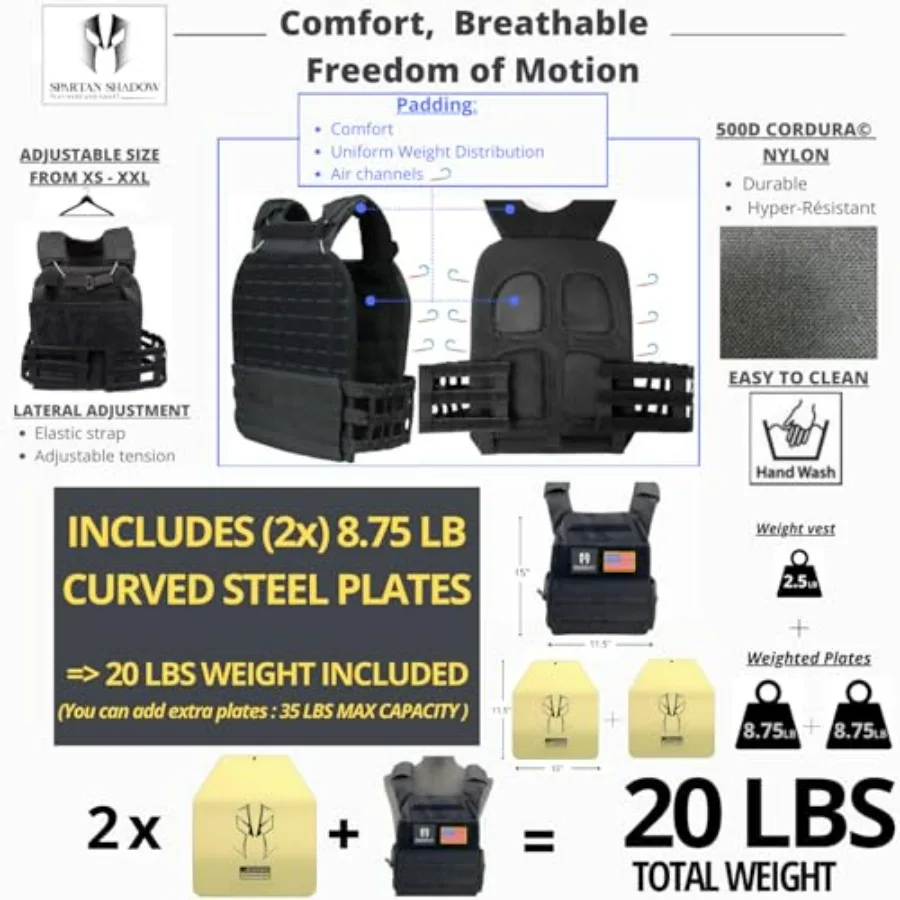 Weighted Vest Men 20lbs with weights : Curved Weight Vest Plates Pair Included - 20 Pounds workout vest with phone pocket. 20lb