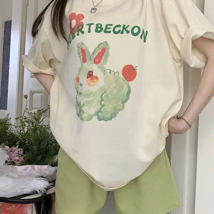 

2023 Summer New Korean Fashion Loose Cotton Short Sleeve Unisex T-shirt Cartoon Rabbit Print Graphic T Shirts 00S Lazy Style Top