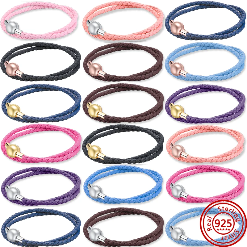 

100% S925 Sterling Sliver Moments Double Circle Leather Braided Bracelet For Women Jewelry DIY Fit Original Charms Beads Making