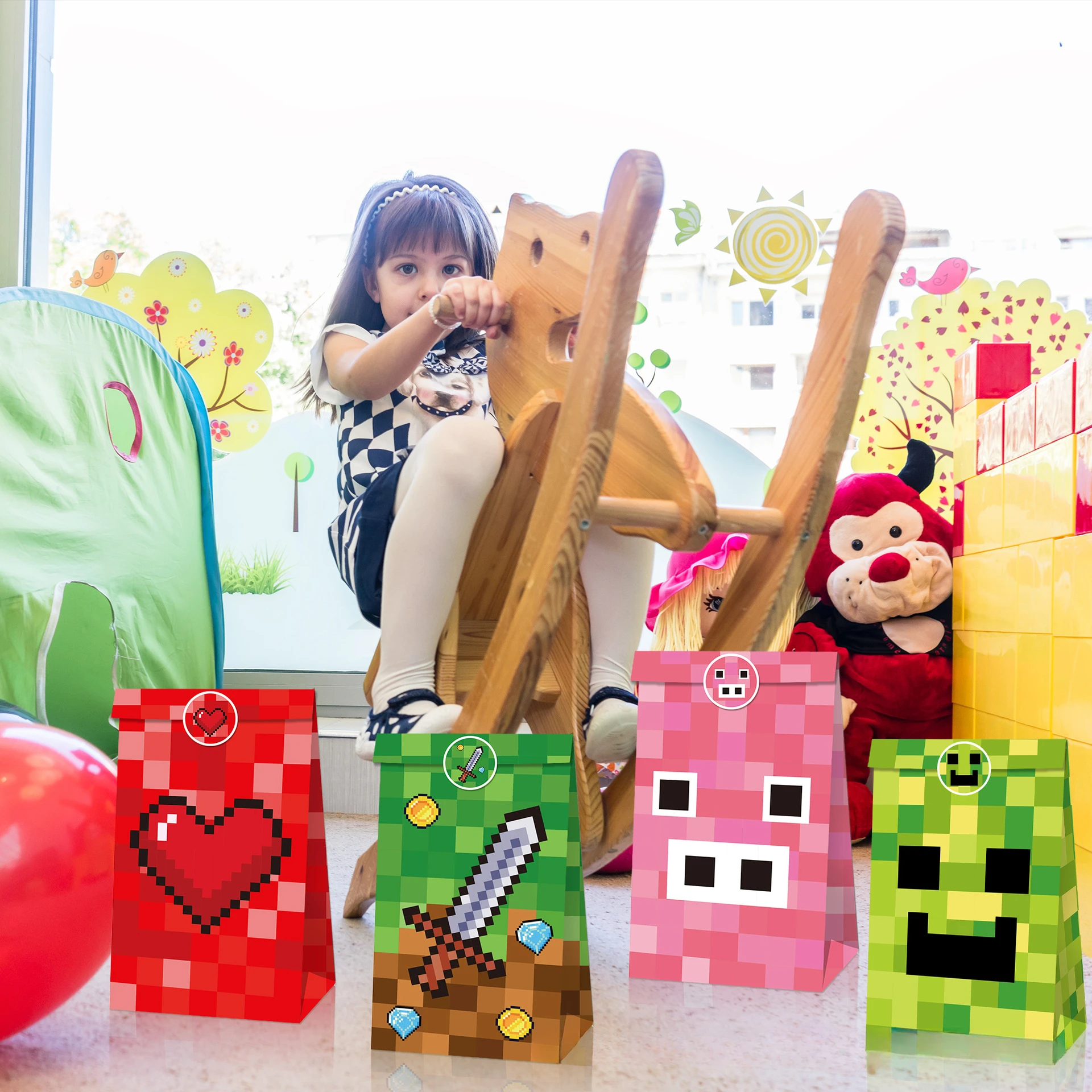 Game Pixel Mosaic Kraft Paper Bag Candy Bag Gift Bags Sticker Set 12pcs