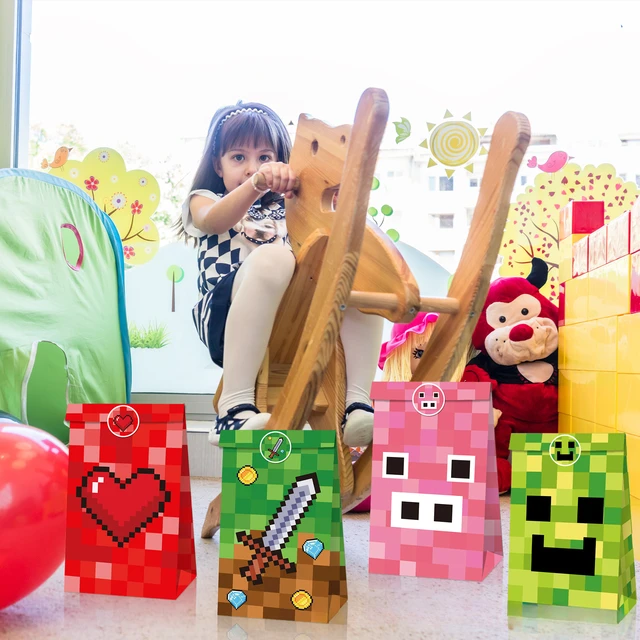 Sac en papier kraft mosaïque pixel jeu, sac à bonbons, sacs cadeaux, sacs en papier, ensemble d'autocollants, sacs à gâteaux, 12 pièces 4