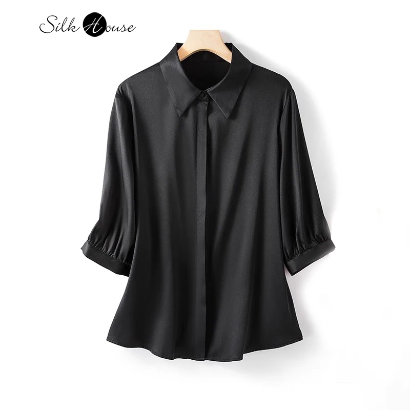 

2024 Women's Fashion Spring/Summer New Black Elastic Plain Crepe Satin Lapel Professional Commuter Three-quarter Sleeve Shirt