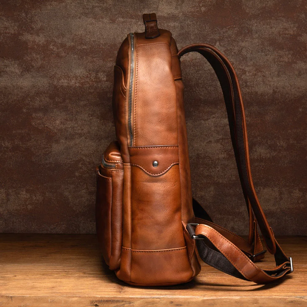 NASVA Vintage Genuine Leather Men's Backpack Camping School Backpack Travel Bag Office Laptop Bag For 15.6 Inch
