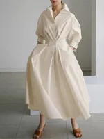 Spring Dress Long Sleeve Solid Color Elegant Maxi Dresses For Women 2024 Casual V Neck Shirt Party Long Dress Robe Femme 3