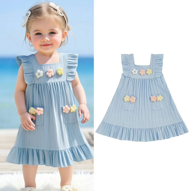FOCUSNORM 0-5Y Princess Little Kids Girls Dress Flower Embroidery Fly Sleeve Ruffles Hem Casual Summer A-Line Dress