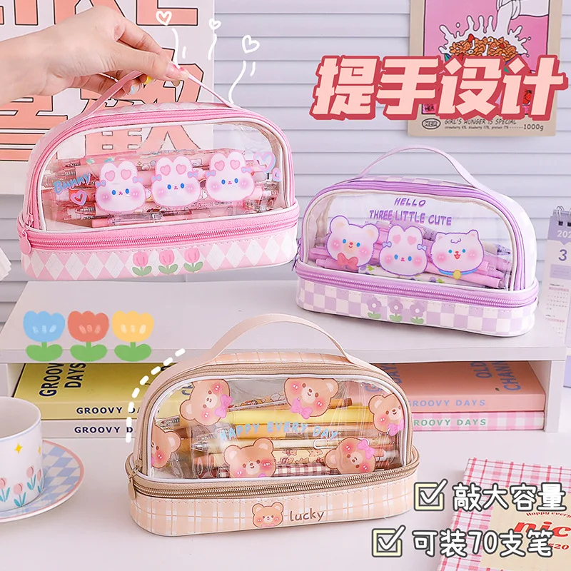 Portable Double-layer Transparent Pen Bag Box Stationery Aesthetic School Cases Pencil Pouch Utilities Holsters Pencilcase Girls pencil cases pen storage bag stationery box