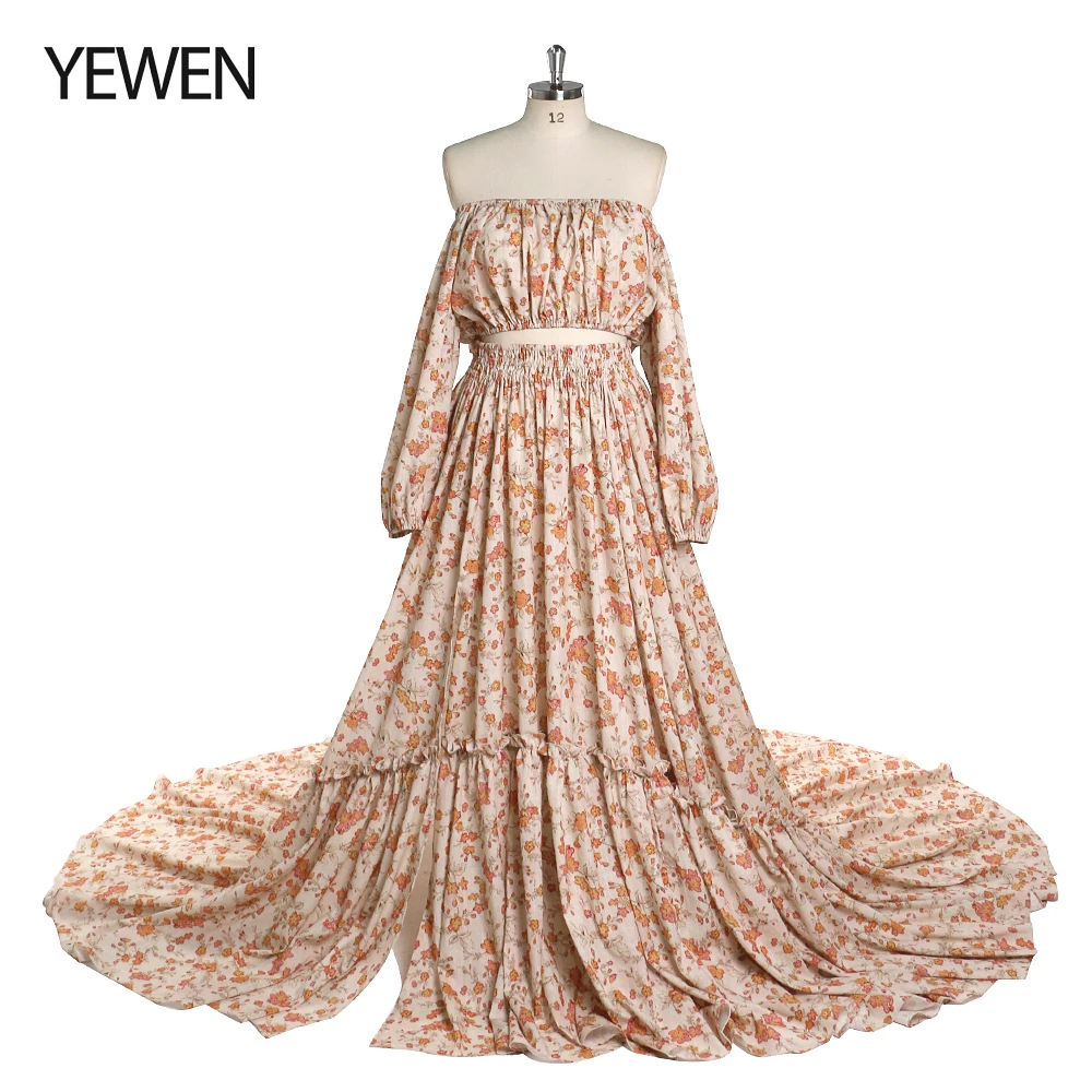 

Elegant Two Piece Set Floral Print Cotton Woman Maxi Maternity Dresses Photoshoot Gowns YEWEN