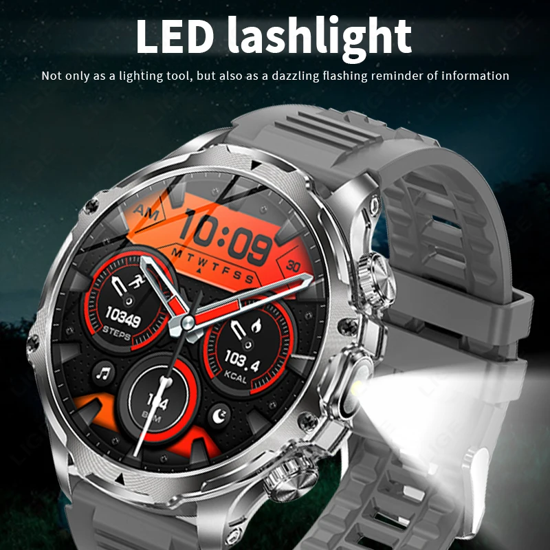 LIGE Smart Watch Men Flashlight 1.9inch 416*416HD Screen Outdoors Sports Fitness Tracker 700mah Large Battery BT Call Smartwatch