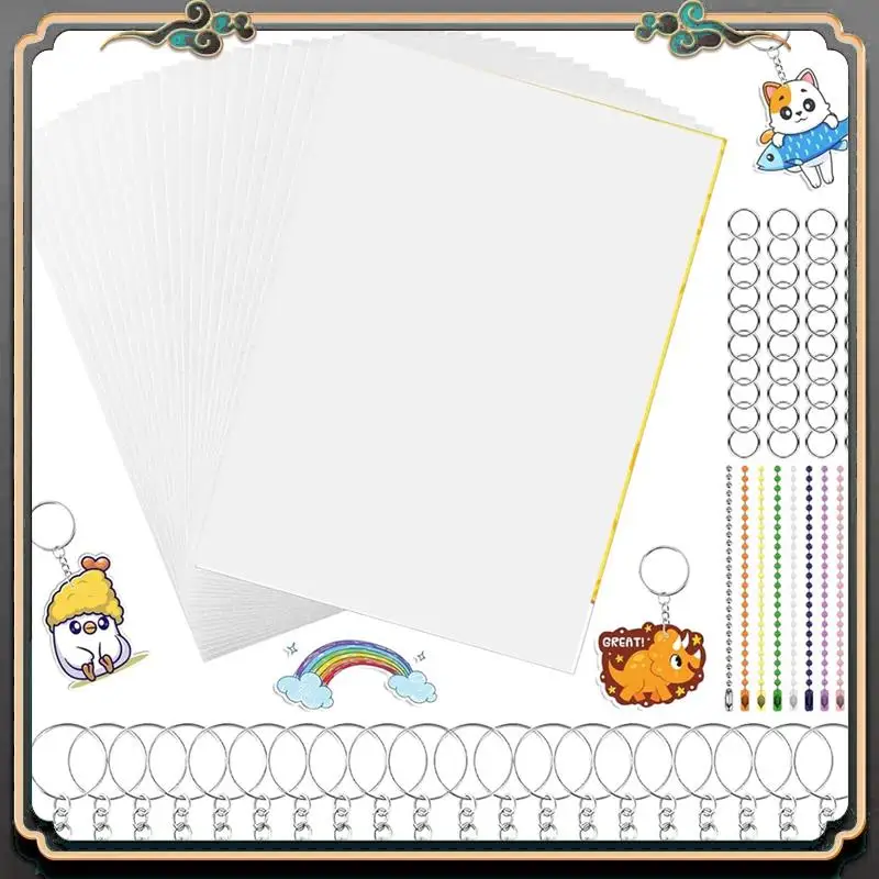 ASMA-150PCS 수축 플라스틱 시트 키트, 어린이 마킹, DIY 장식품 또는 공예품을위한 수축 종이 키 체인 키트
