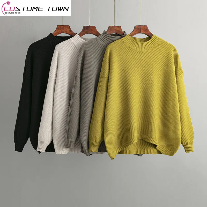 

Autumn and Winter New Vintage Loose Size Long Sleeve Top Solid Color Pullover Knitwear Women's Half High Neck Sweater Underlay