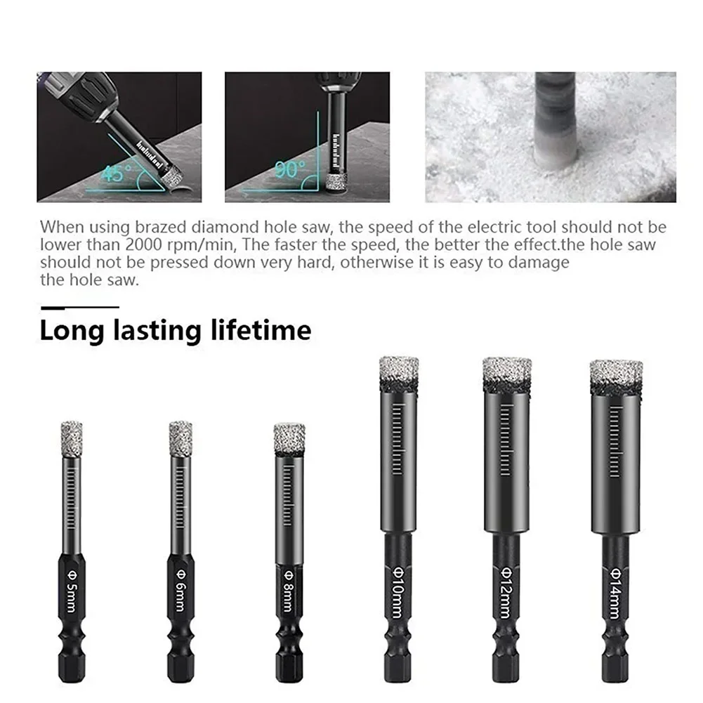 

6-12mm Hex Shank Vacuum Brazed Diamond Dry Drill Bits Hole Saw Drill Bits For Ceramic Tiles Vacuum Black Brazed Dry Concrete