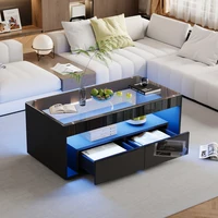 Table basse avec éclairage LED 16 couleurs, table de canapé rectangulaire avec 2 grands tiroirs, table de salon en verre, design à double couche 2