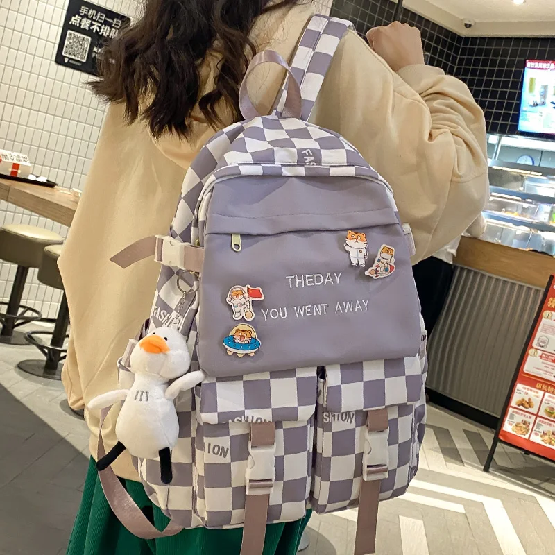 Girl Lattice Backpack Trendy Kawaii Women Plaid School Bag  College Female Backpack Fashion Lady Cute Travel Laptop Student Bags
