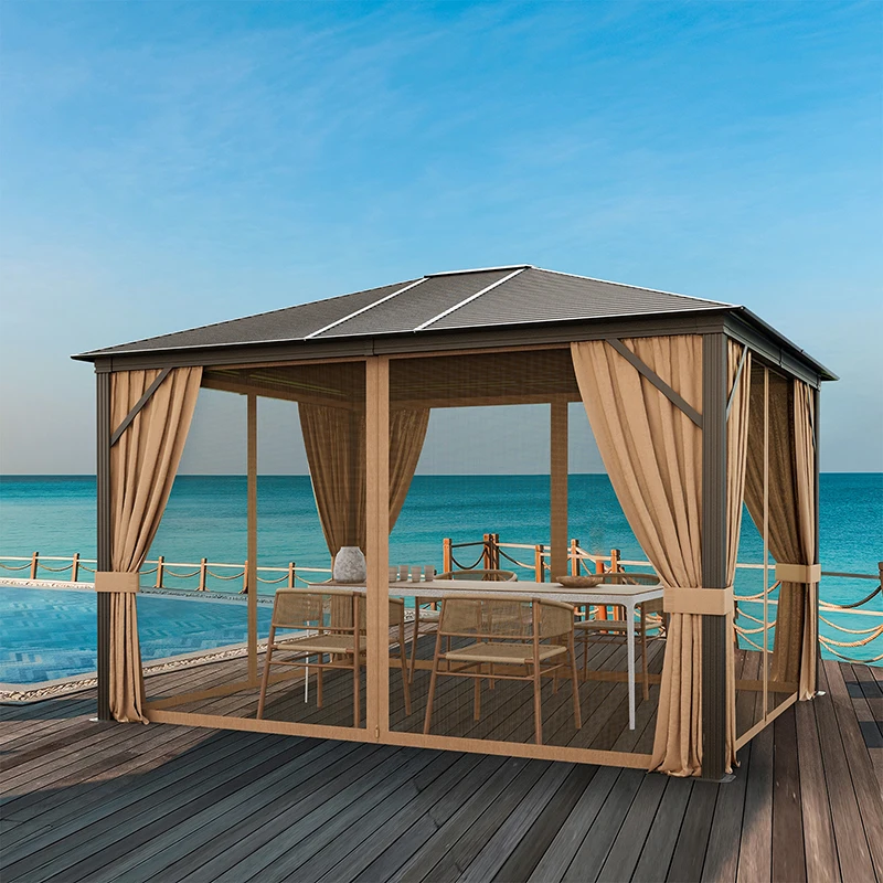 

12 X10 Feet Outdoor Hardtop Gazebo with Galvanized Steel Top and Netting Outdoor Awning Garden Patio Dining Room Tent