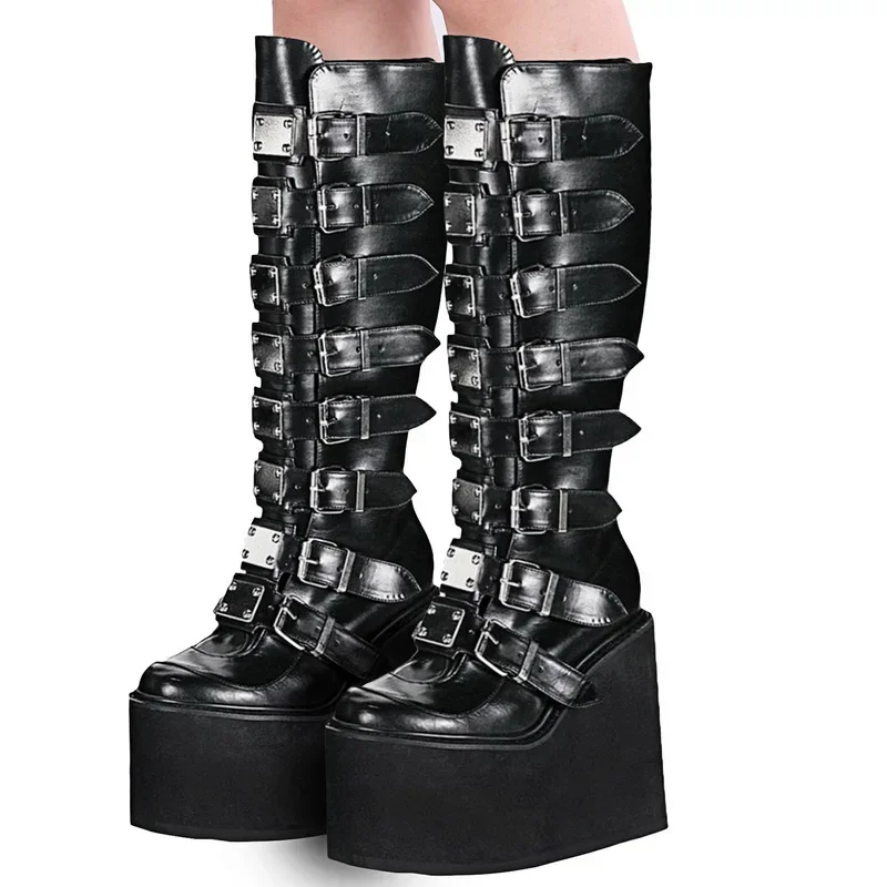 Platform Boots Brand Design Female Wedges High Heels Thigh High Black Gothic Cosplay Shoes