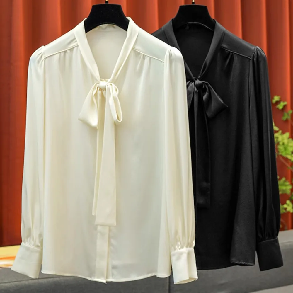 

Light Luxury Heavyweight Silk Flutter Collar Bow V-Neck Lantern Sleeve Blouse Women's Commuter Casual Peplum Shirt Comfortable