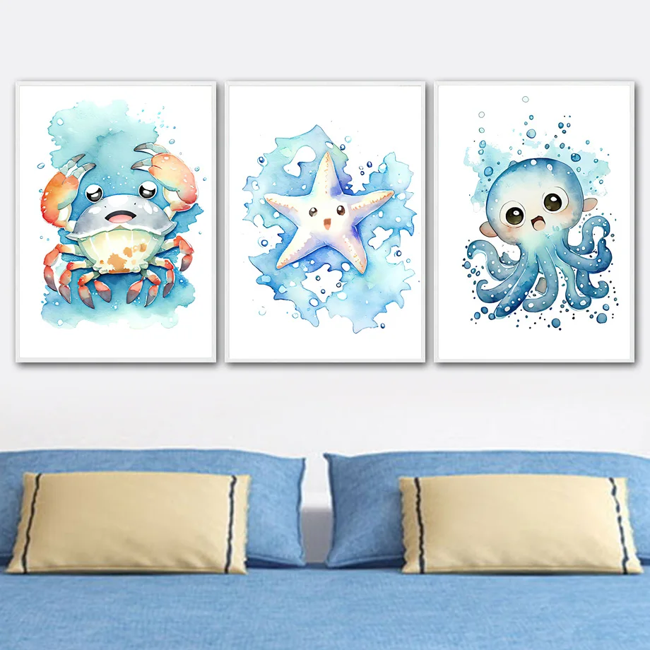 Turtle Decor Canvas Life Art - Print Starfish Picture AliExpress Ocean Octopus Poster Wall Cute Painting Room Kids Animal Crab Marine Nursery