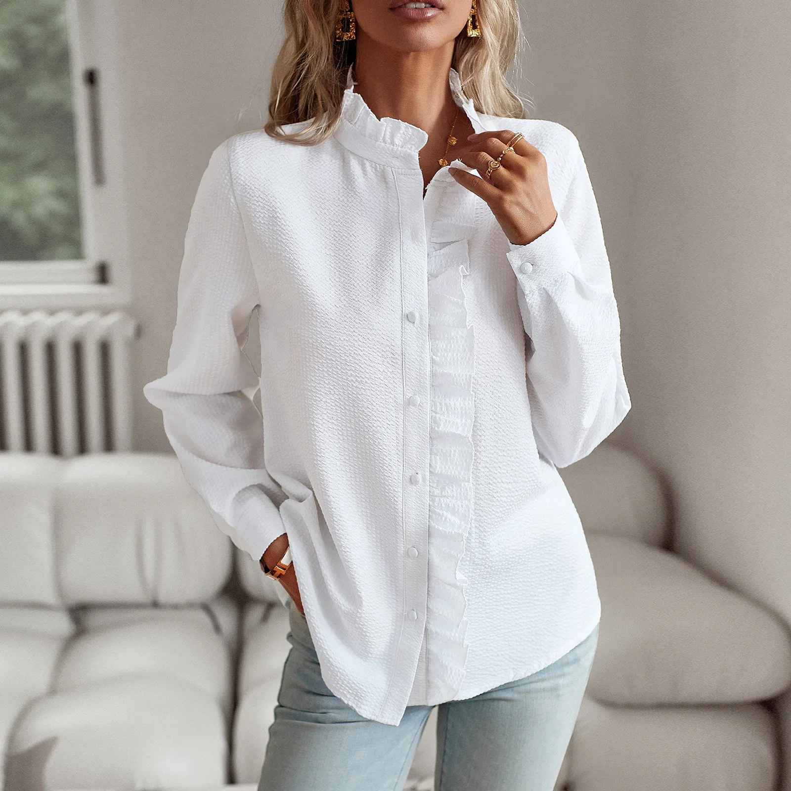

Женская рубашка с длинным рукавом, Осень-зима 2024, модный универсальный приталенный клетчатый кружевной воротник в полоску