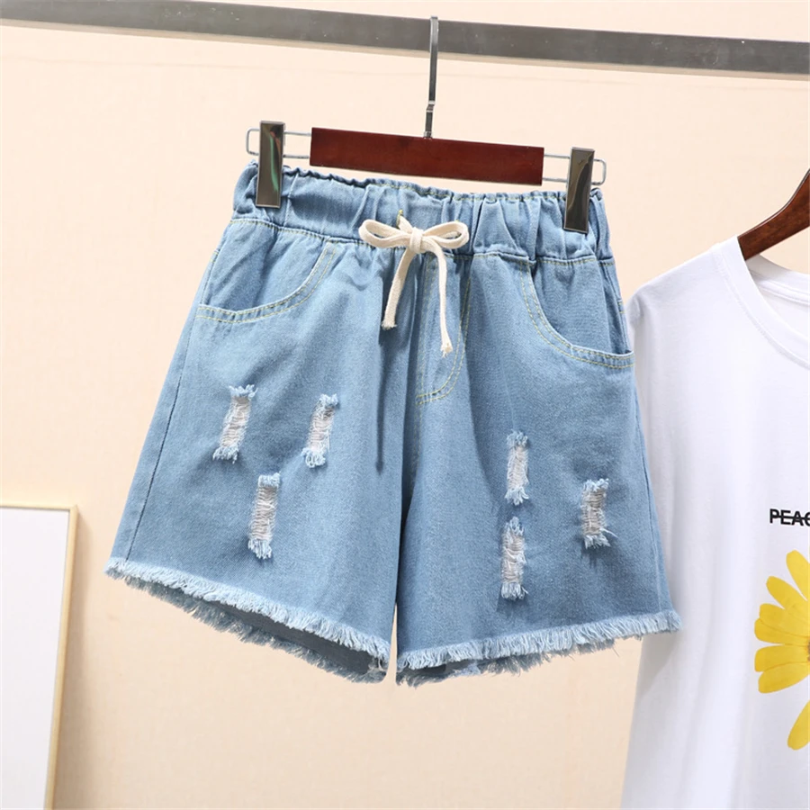 Tamanho grande 7xl buraco verão shorts jeans rendas até casual perna larga  denim calças femininas cortos baggy coreano vaquero curto novo - AliExpress