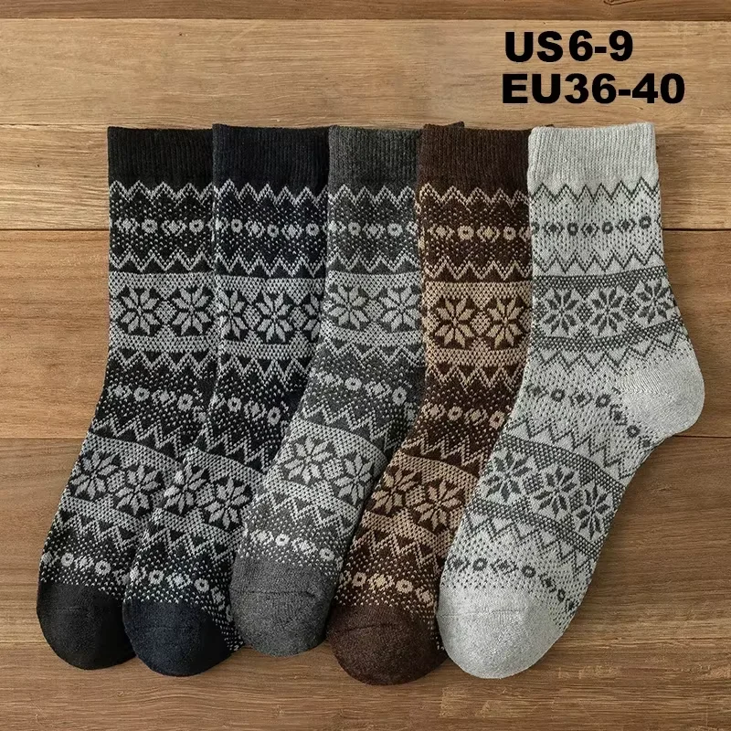 5 Pairs Women's Thermal Wool Socks - Autumn Winter Collection, Retro Nordic Style