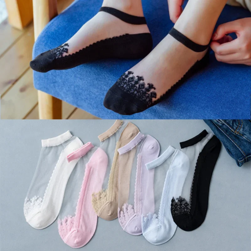 

Women Socks Summer New Flower Lace Ankle Socks Soft Silk Thin Transparent Socks Solid Cute Socks