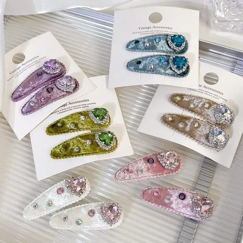 

2ocs/set Cute Girl Hair Clip Fashion Y2K Love Rhinestone Hairclip for Kids Girl Velvet Farbric Bang Side Clip Children Headwear