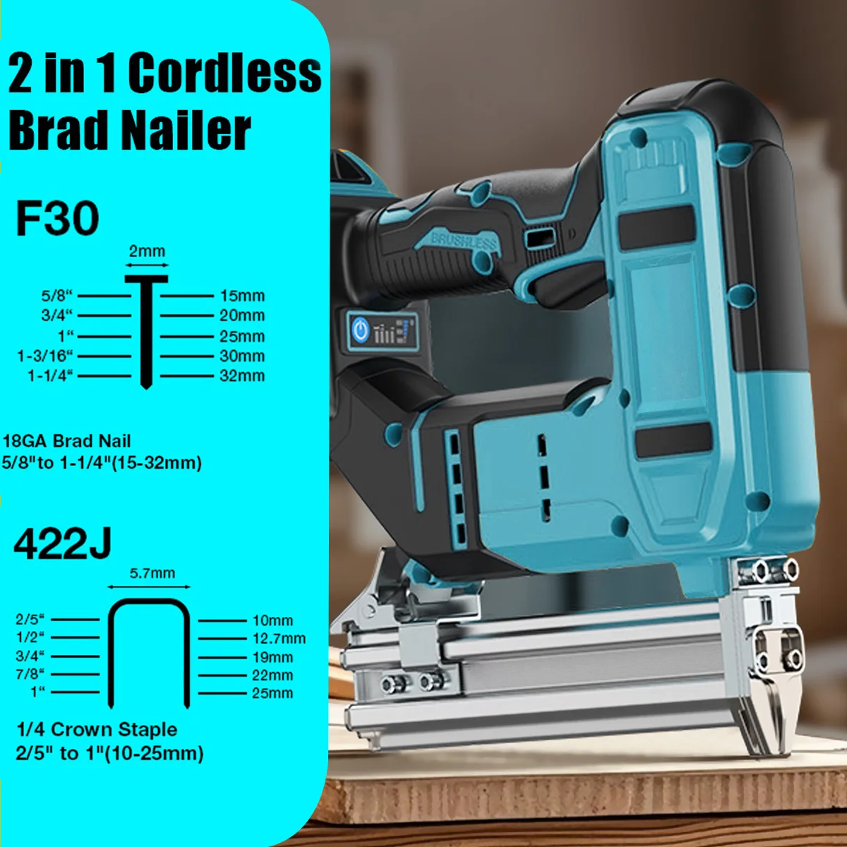 Makita 18V 배터리용 F30/F40/F50/K438 네일이 포함된 브러시리스 무선 무선 전기 2 in 1 네일러/스테이플러 건(배터리 없음)