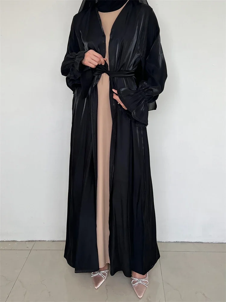 

Рамадан, черное атласное мусульманское кимоно, абайя, Турция, ислам, скромный хиджаб, платье Jalabiya для женщин, хиджаб, женский халат, кафтан