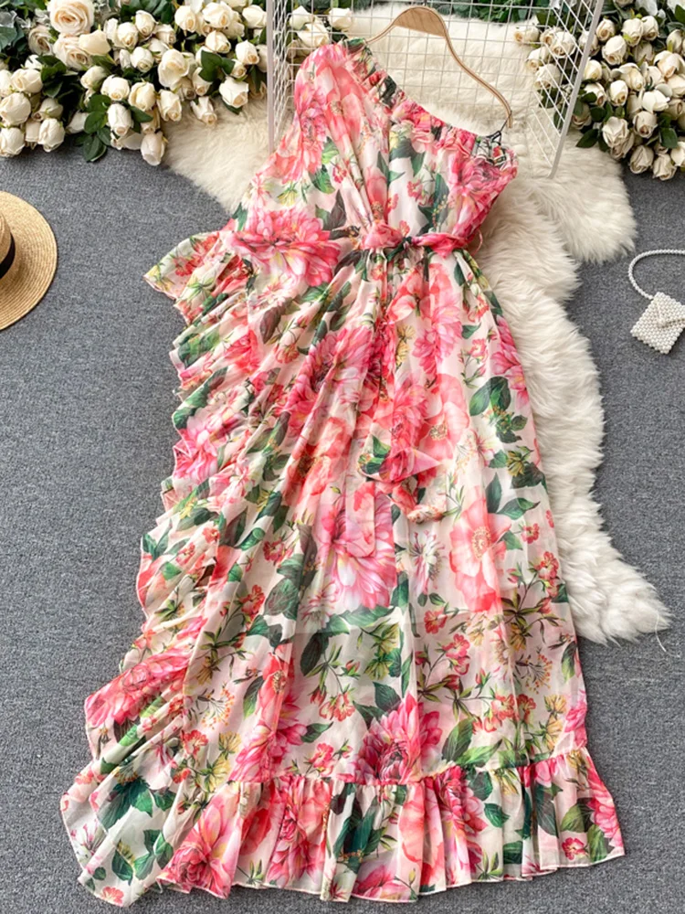 

2023 Summer European American Floral Maxi Vestidos Women's Diagonal Collar One-shoulder Ruffled Temperament Dress C639