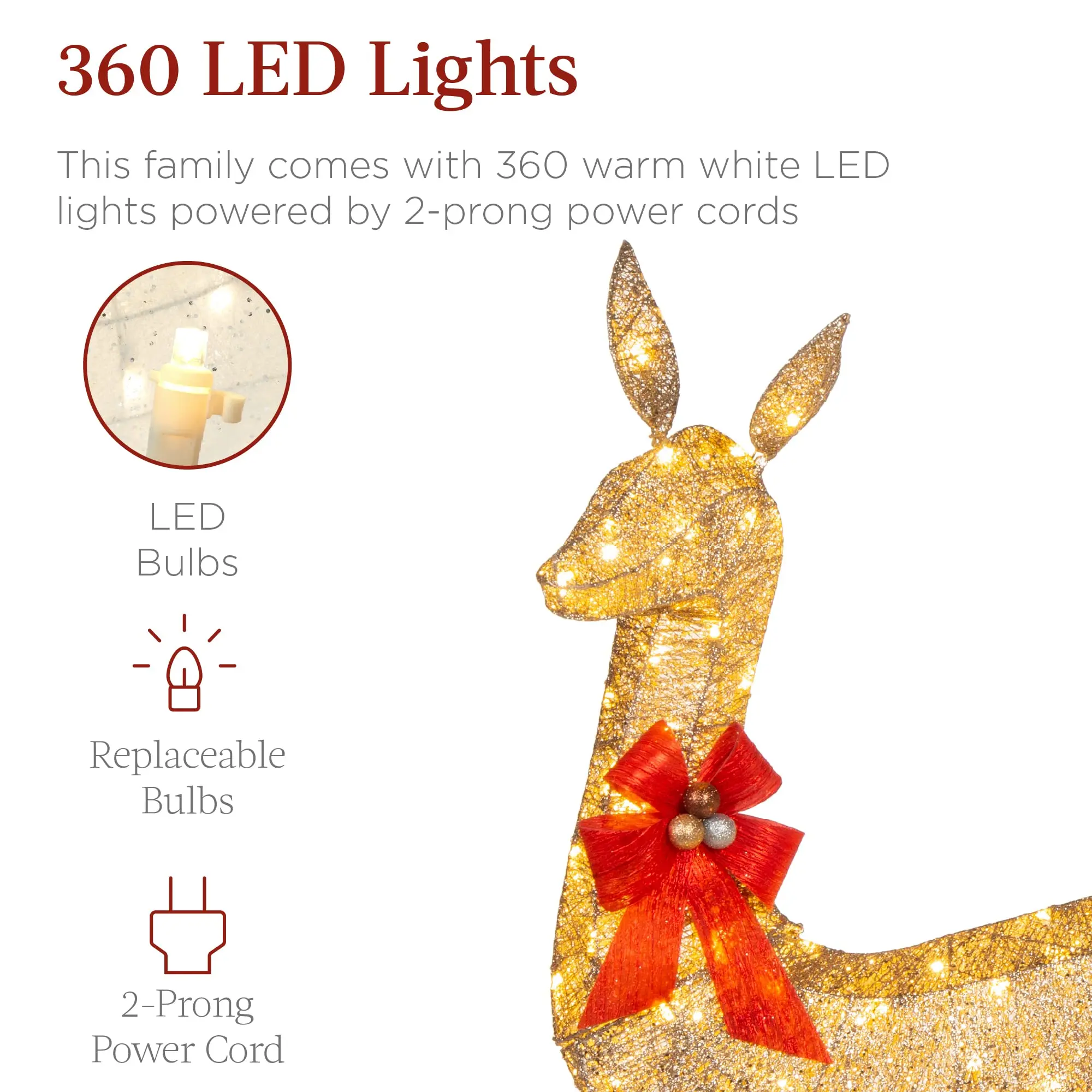 3-Piece Large Lighted Christmas Deer Family Set 5Ft Outdoor Yard Decoration with 360 LED Lights, Stakes, Zip Ties-Gold