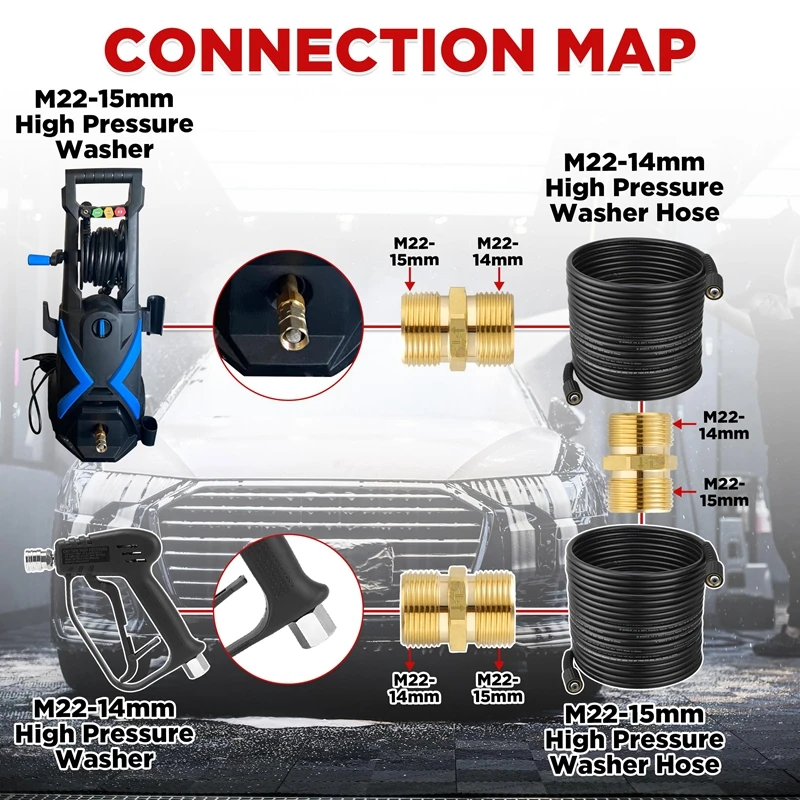 Pressure Washer Hose Connector Brass M22 15mm Male Thread to M22 14mm Male Fitting Hose Extension Adapter 4500 PSI 6