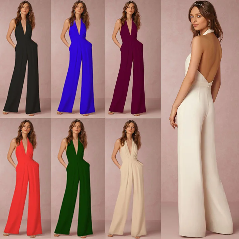 Low Cut Halter V Neck Wide Leg Maxi Floor Length Jumpsuit Women Sleeveless Rompers Backless Elegant Jumpsuit Summer High Street