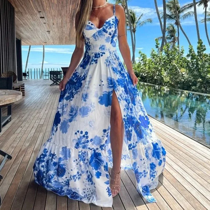 

Summer Blue Flower Print Maxi Dresses Sexy Backless Split Bohemian Dress Women's Fashion Slim V-Neck Spaghetti Strap Beach Dress