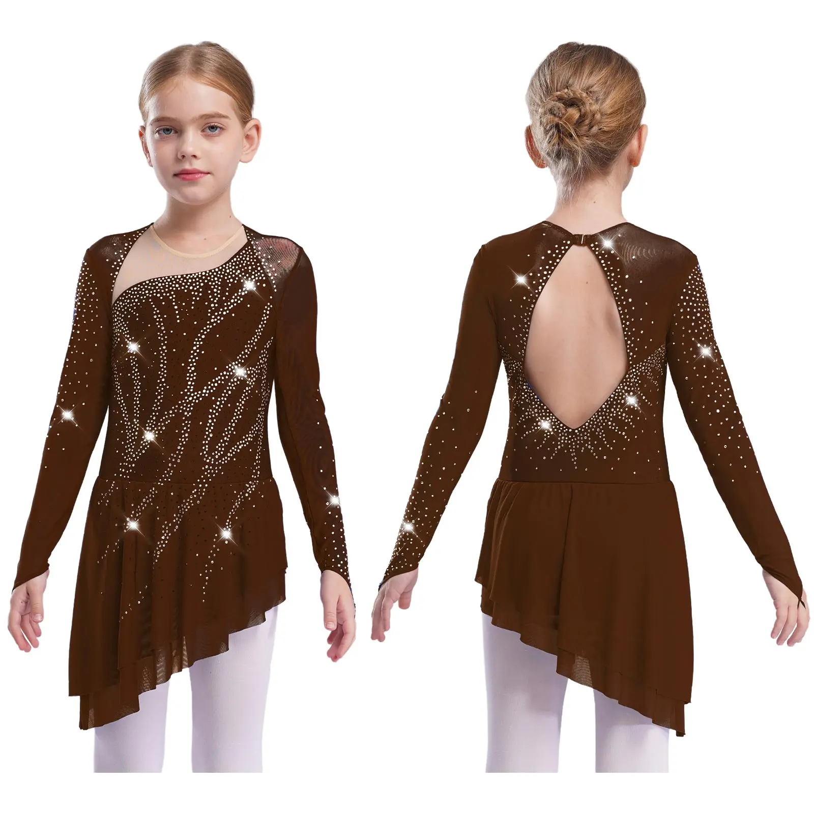Kinder Mädchen Eiskunstlauf Rhythmische Gymnastik Trikot Kleid Asymmetrische Split Glänzende Strass Kontrast Farbe Kleid Ballerina – Detail 17