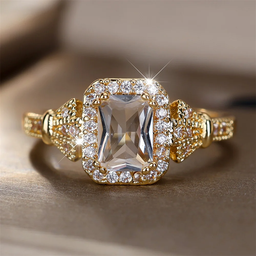 Luxury Crystal Square Zircon Stone Rings For Women Vintage Gold Color Engagement Bands Wedding Jewelry Bridal Versatile Gifts