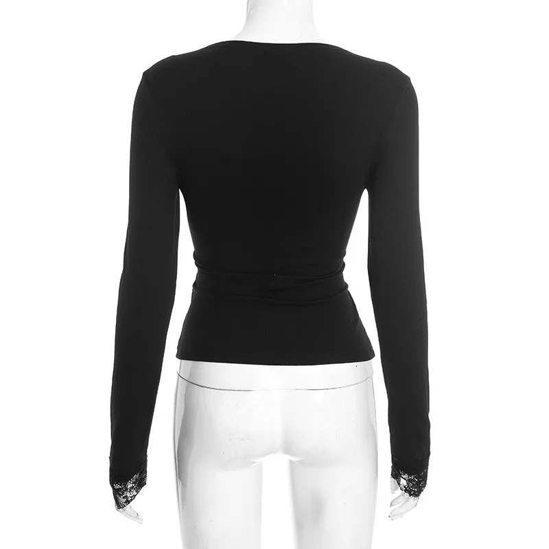 Women's V-neck Lace Splicing Top European American Style Autumn New Waist Exposed Umbilical Fashionable Casual Wear